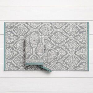 4pc Gray & Aqua Damask Towel Set | 2 Bath + 2 Hand Towels Like New